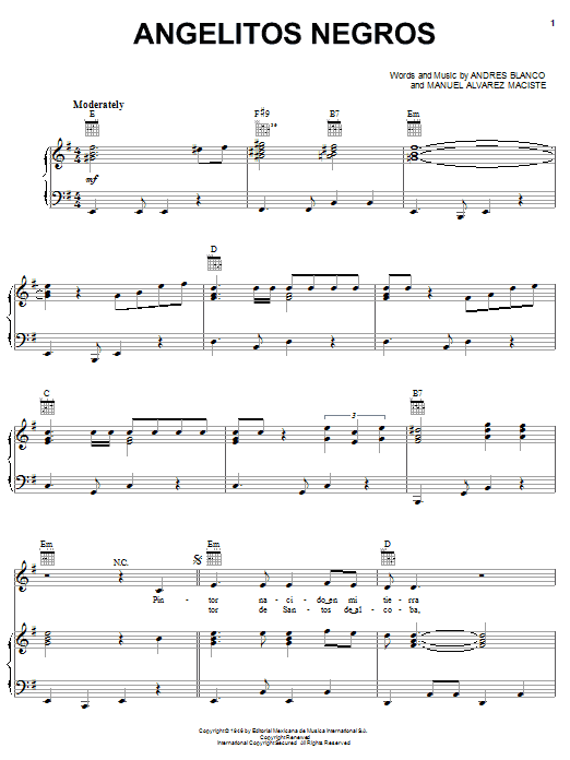Celia Cruz Angelitos Negros Sheet Music Notes & Chords for Piano, Vocal & Guitar (Right-Hand Melody) - Download or Print PDF Celia Cruz Angelitos Negros Sheet Music Notes & Chords for Piano, Vocal & Guitar (Right-Hand Melody) - Download or Print PDF