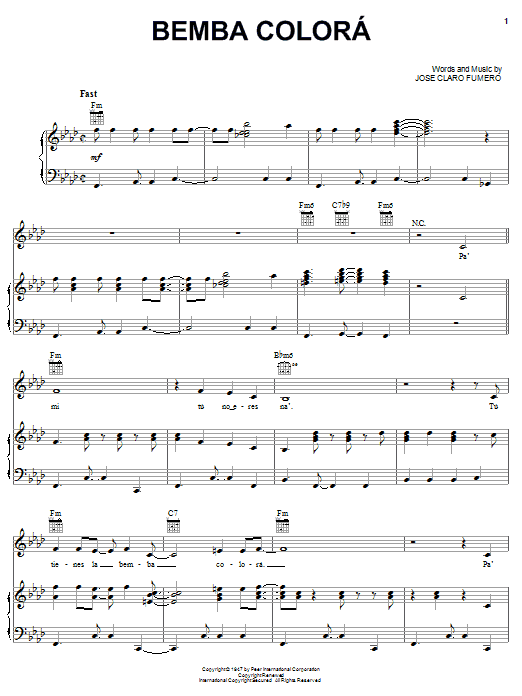 Celia Cruz Bemba Colora Sheet Music Notes & Chords for Piano, Vocal & Guitar (Right-Hand Melody) - Download or Print PDF Celia Cruz Bemba Colora Sheet Music Notes & Chords for Piano, Vocal & Guitar (Right-Hand Melody) - Download or Print PDF