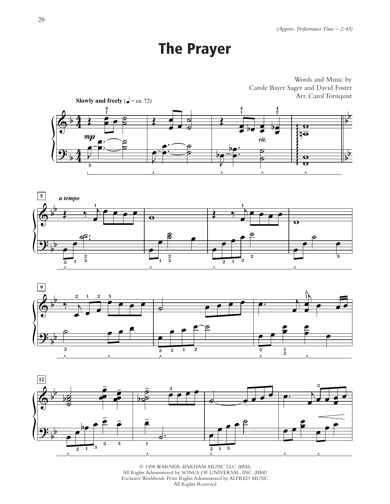 Celine Dion & Andrea Bocelli The Prayer (arr. Carol Tornquist) Sheet Music Notes & Chords for Piano Solo - Download or Print PDF