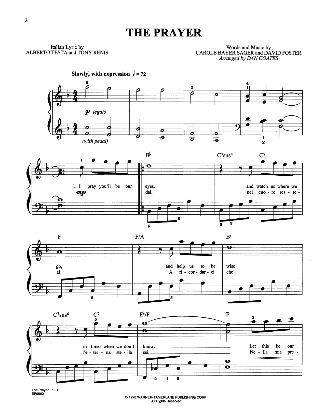 Celine Dion & Andrea Bocelli The Prayer (arr. Dan Coates) Sheet Music Notes & Chords for Easy Piano - Download or Print PDF