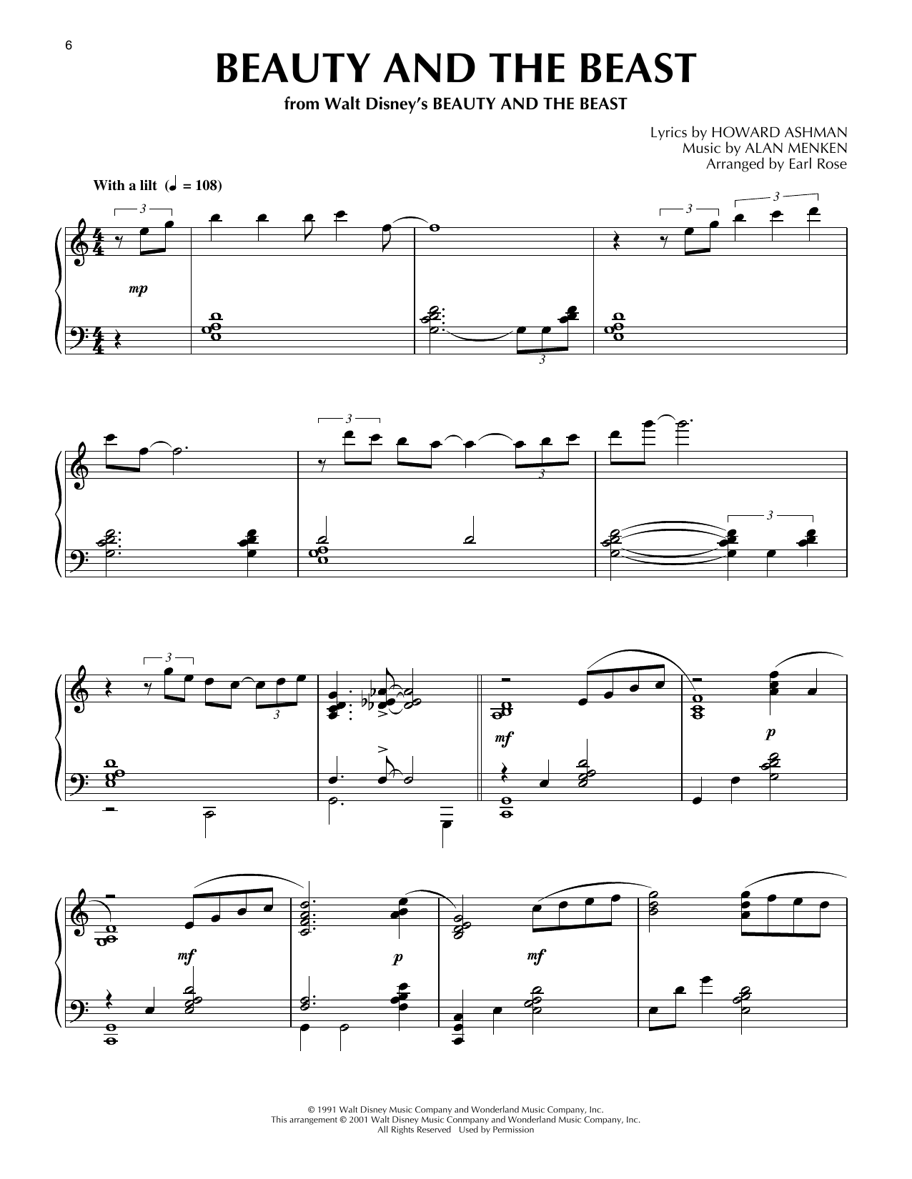 Celine Dion & Peabo Bryson Beauty And The Beast (arr. Earl Rose) Sheet Music Notes & Chords for Piano Solo - Download or Print PDF