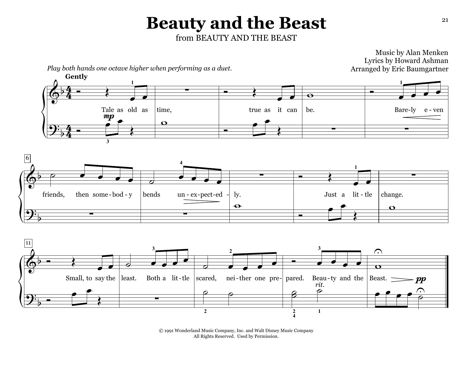 Celine Dion & Peabo Bryson Beauty And The Beast (arr. Eric Baumgartner) Sheet Music Notes & Chords for Piano Duet - Download or Print PDF
