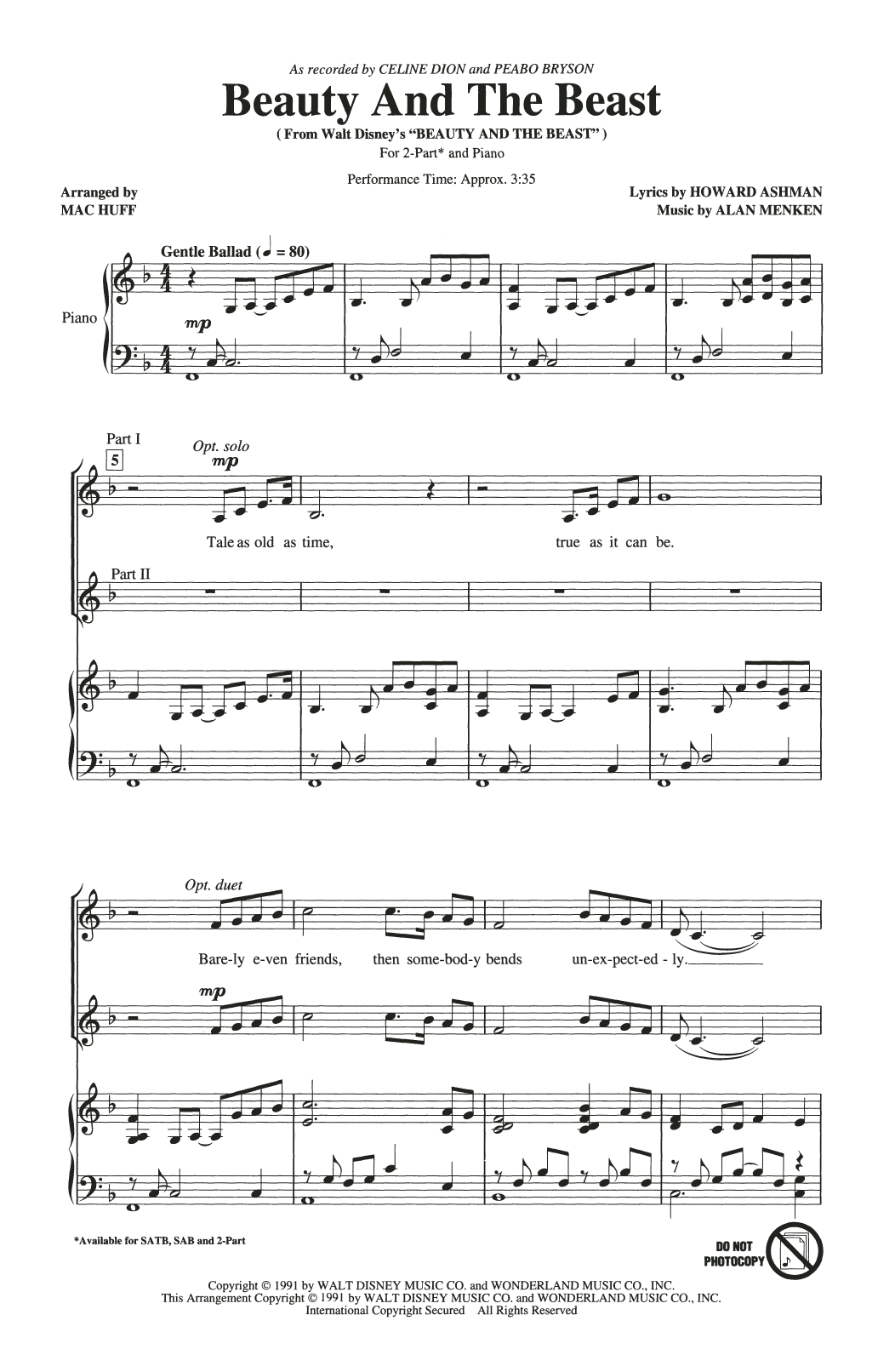 Celine Dion & Peabo Bryson Beauty And The Beast (arr. Mac Huff) Sheet Music Notes & Chords for SAB Choir - Download or Print PDF