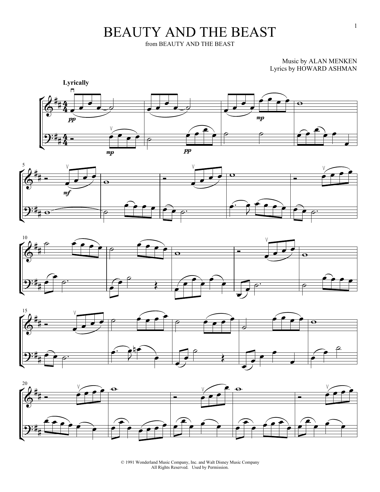 Celine Dion & Peabo Bryson Beauty And The Beast (arr. Michelle Hynson) Sheet Music Notes & Chords for Instrumental Duet - Download or Print PDF