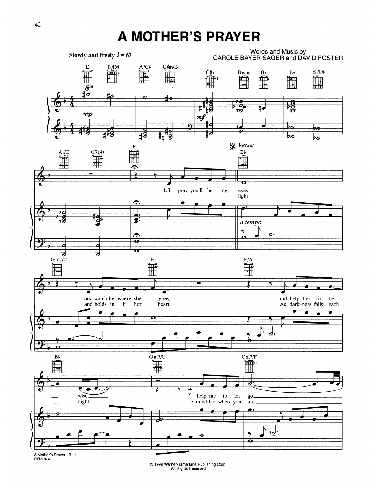 Celine Dion A Mother's Prayer (from Quest For Camelot) Sheet Music Notes & Chords for Piano, Vocal & Guitar Chords (Right-Hand Melody) - Download or Print PDF