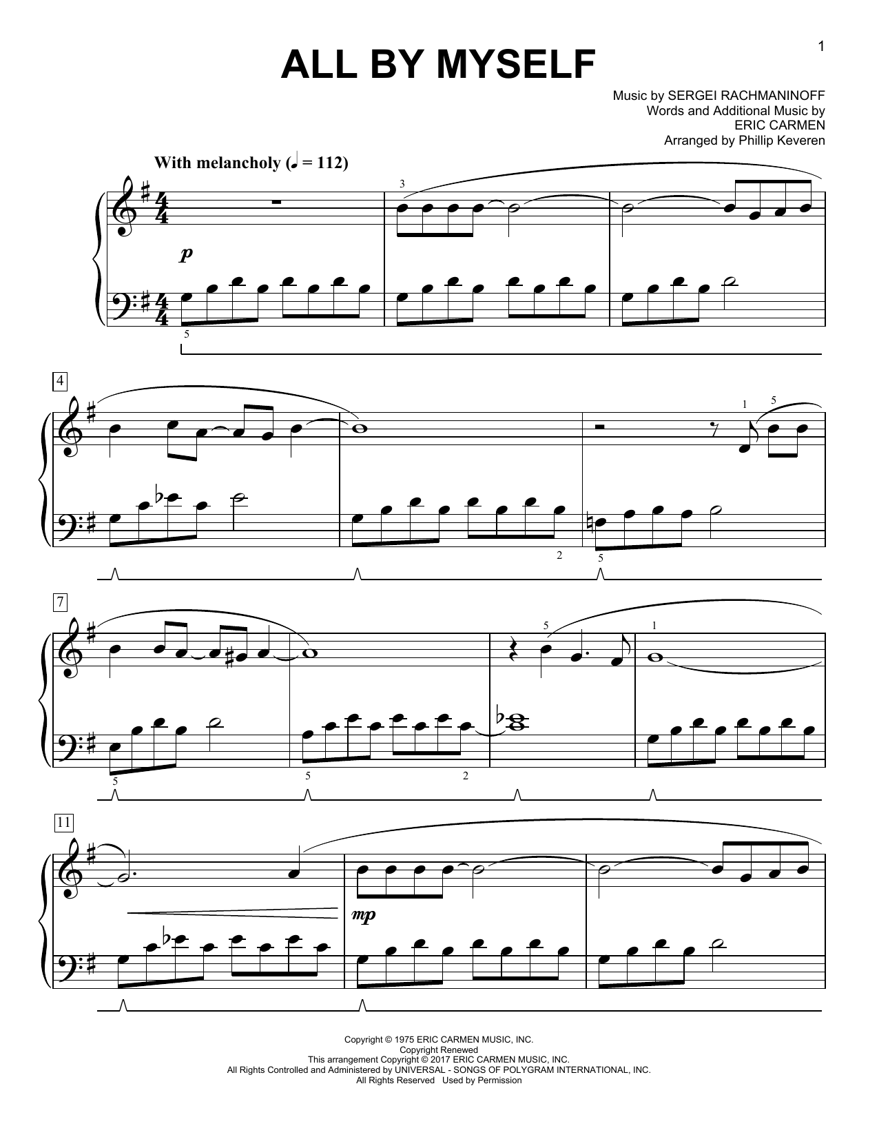 Celine Dion All By Myself [Classical version] (arr. Phillip Keveren) Sheet Music Notes & Chords for Easy Piano - Download or Print PDF