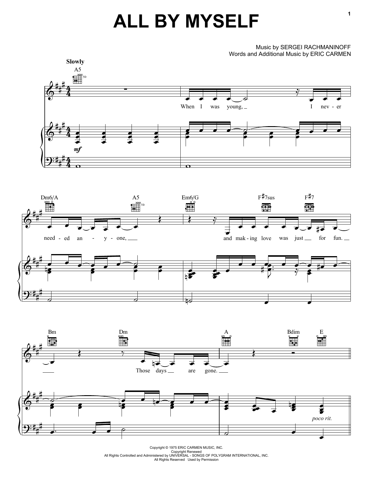Celine Dion All By Myself Sheet Music Notes & Chords for Easy Piano - Download or Print PDF