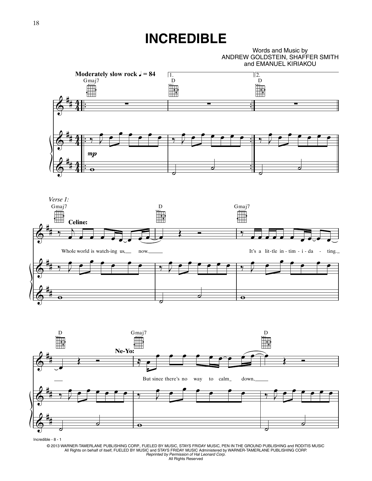 Céline Dion and Ne-Yo Incredible Sheet Music Notes & Chords for Piano, Vocal & Guitar Chords (Right-Hand Melody) - Download or Print PDF