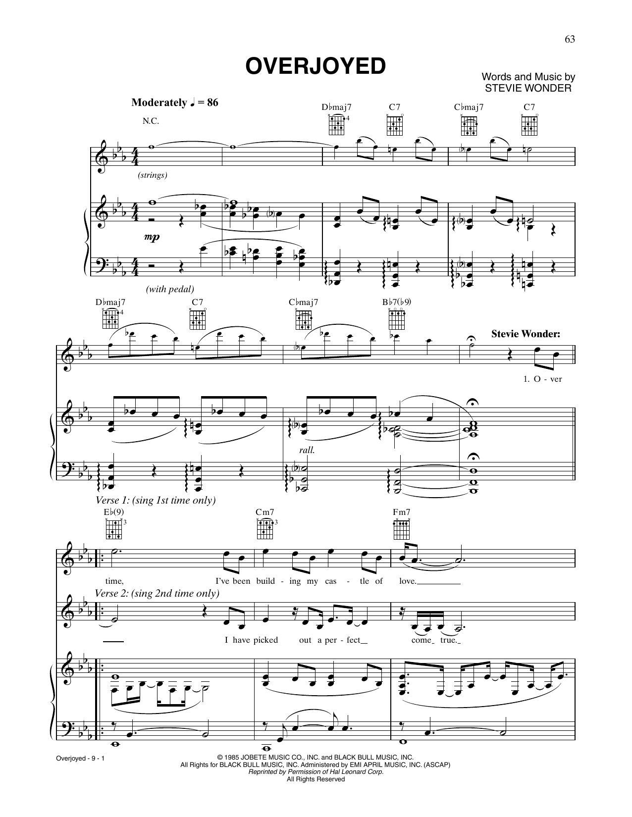 Céline Dion and Stevie Wonder Overjoyed Sheet Music Notes & Chords for Piano, Vocal & Guitar Chords (Right-Hand Melody) - Download or Print PDF