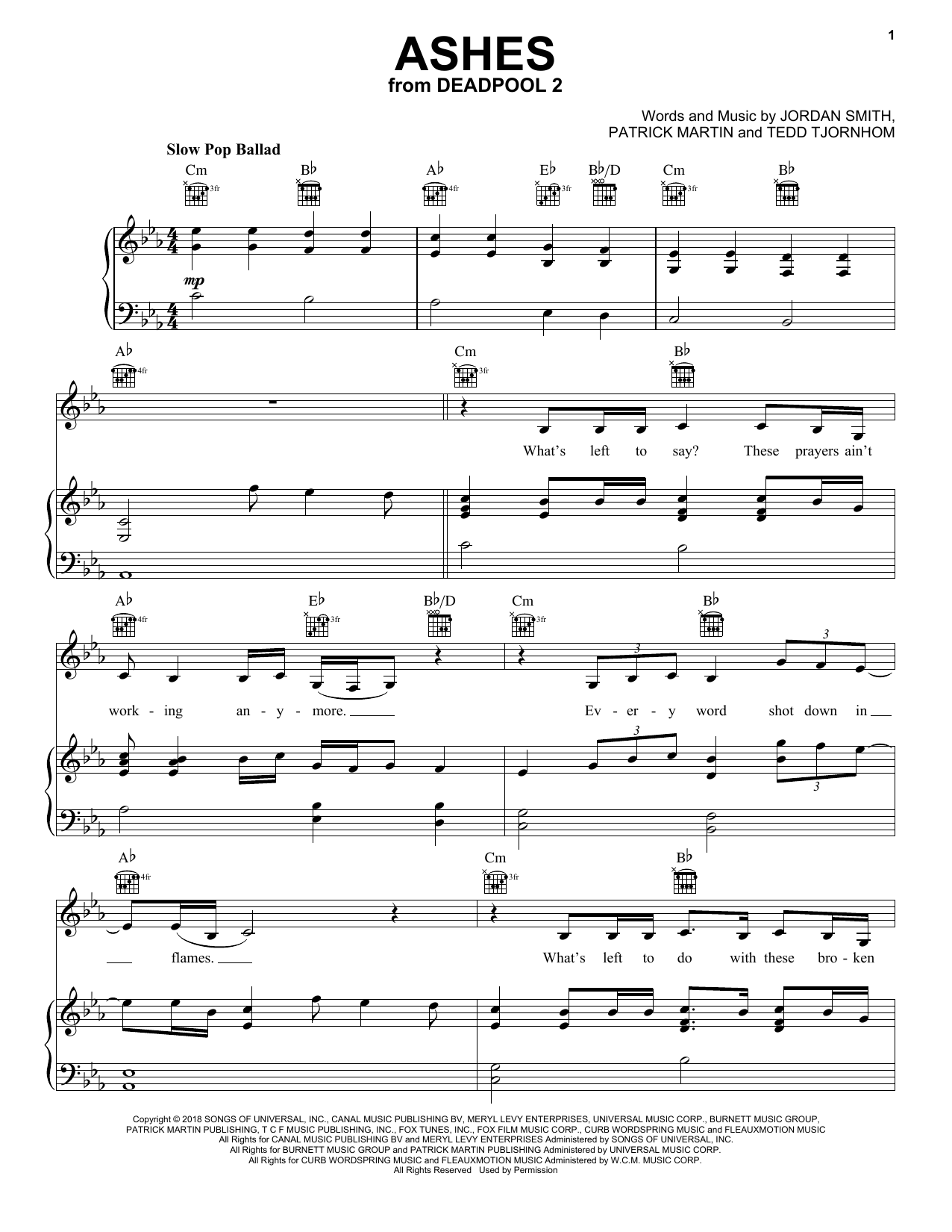 Celine Dion Ashes Sheet Music Notes & Chords for Piano, Vocal & Guitar (Right-Hand Melody) - Download or Print PDF