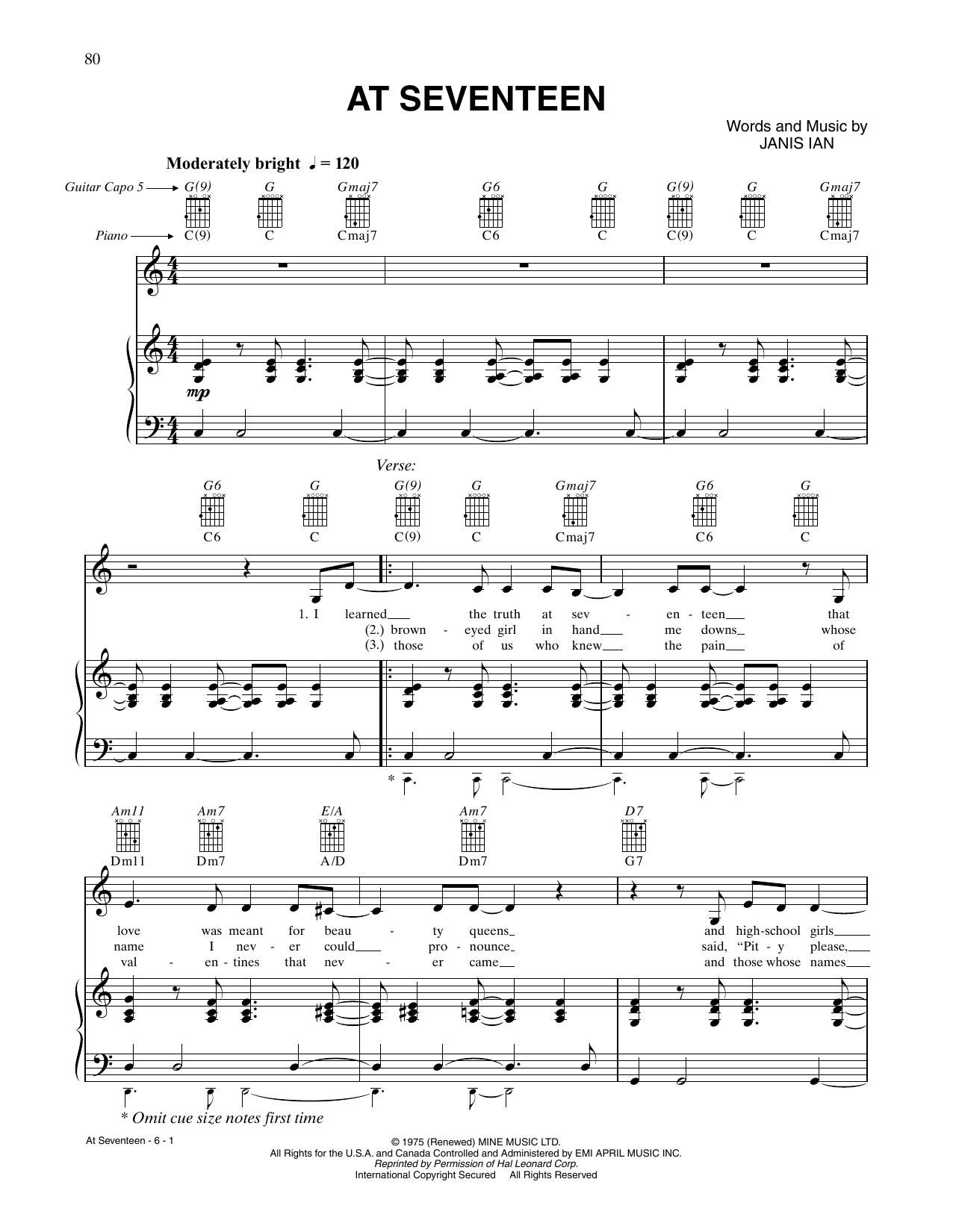 CÉLINE DION At Seventeen Sheet Music Notes & Chords for Piano, Vocal & Guitar Chords (Right-Hand Melody) - Download or Print PDF