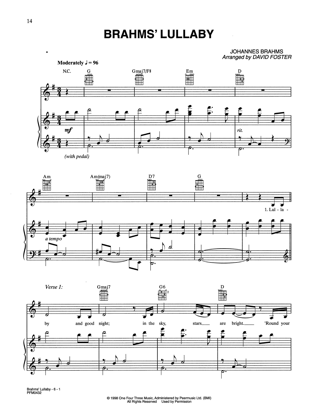 Celine Dion Brahm's Lullaby Sheet Music Notes & Chords for Piano, Vocal & Guitar Chords (Right-Hand Melody) - Download or Print PDF