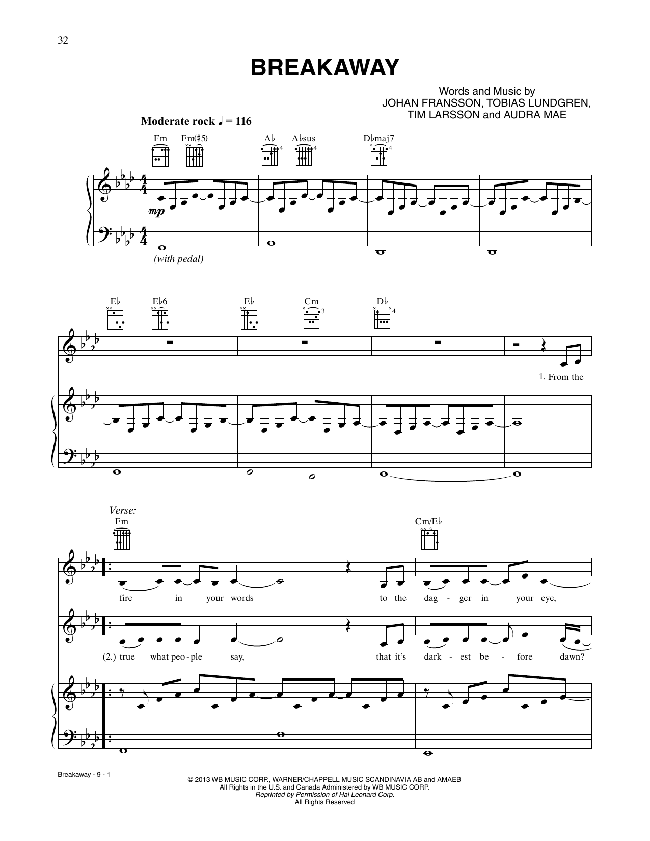 CÉLINE DION Breakaway Sheet Music Notes & Chords for Piano, Vocal & Guitar Chords (Right-Hand Melody) - Download or Print PDF