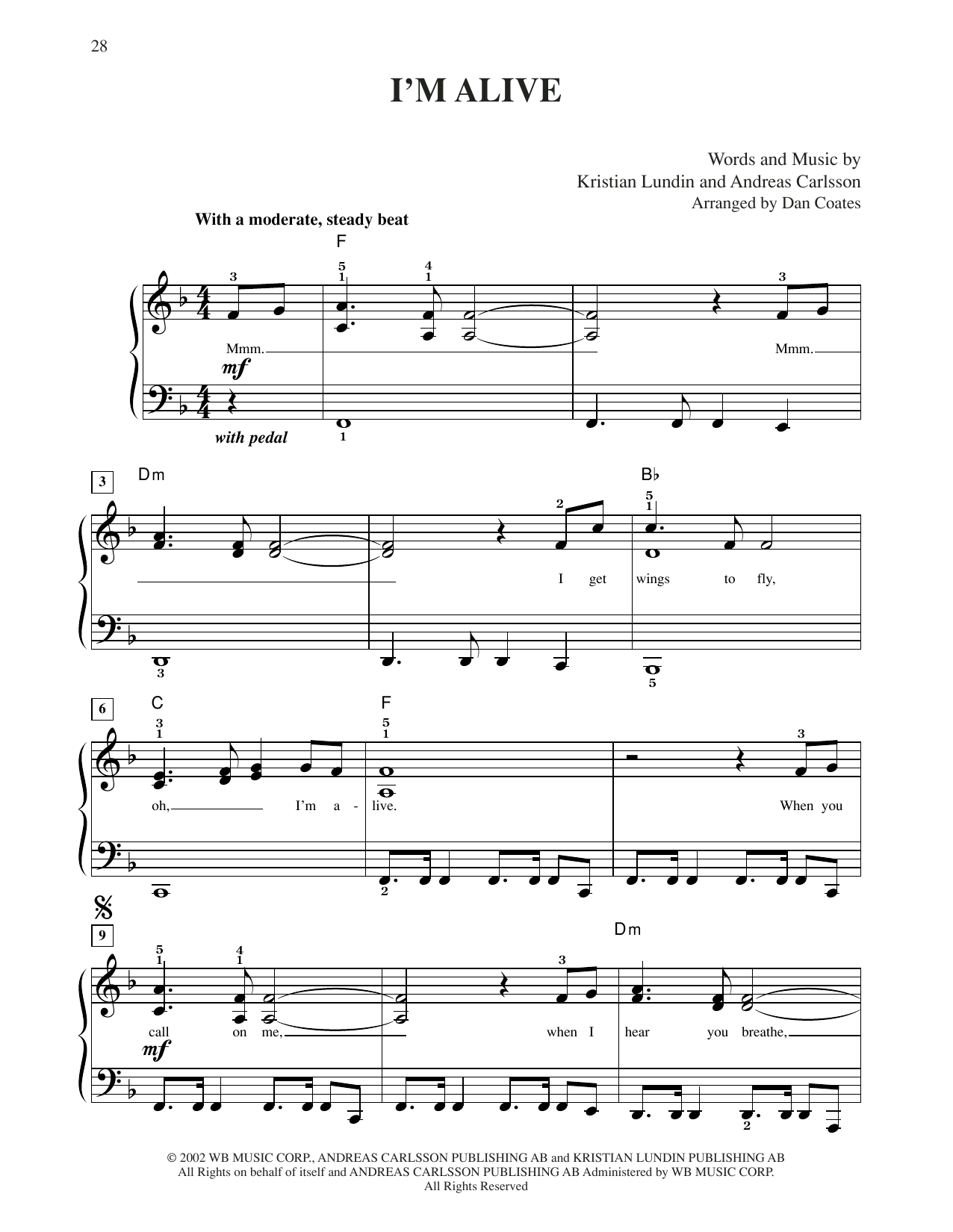 Celine Dion I'm Alive Sheet Music Notes & Chords for Easy Piano - Download or Print PDF