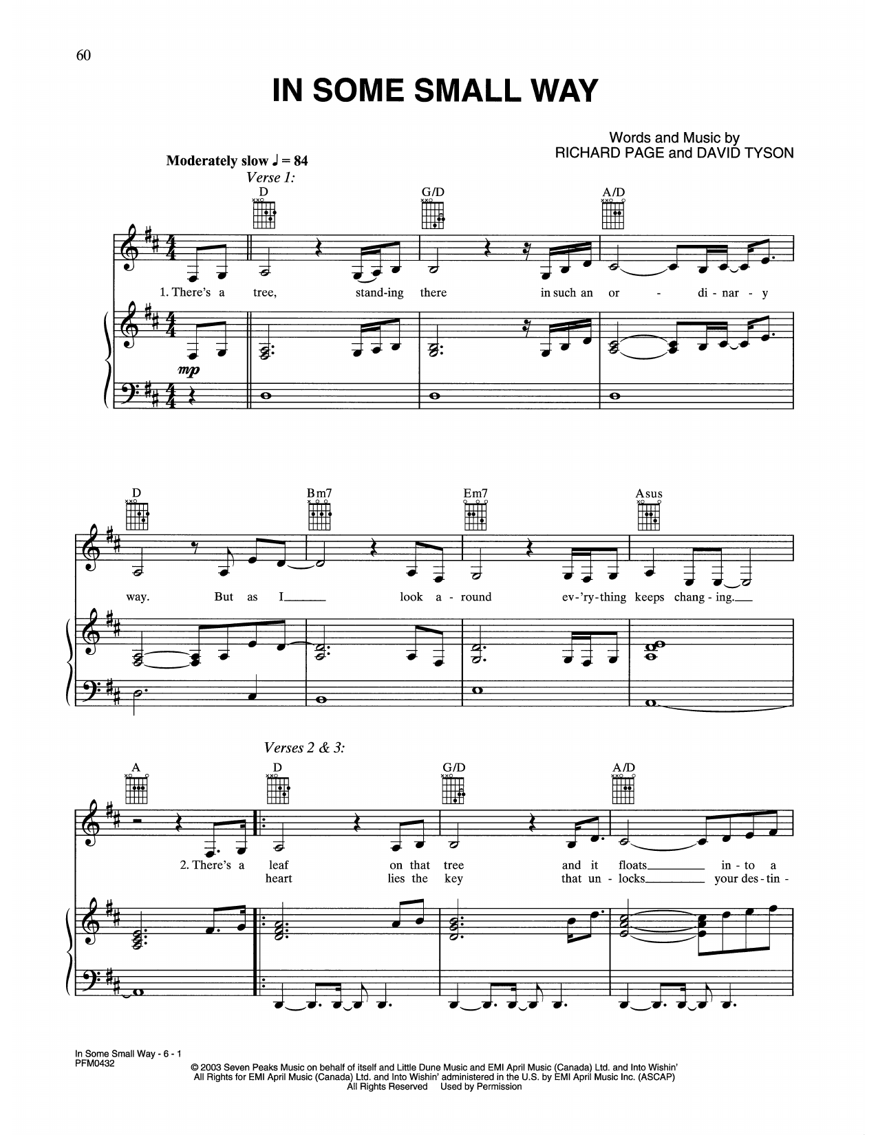 Celine Dion In Some Small Way Sheet Music Notes & Chords for Piano, Vocal & Guitar Chords (Right-Hand Melody) - Download or Print PDF