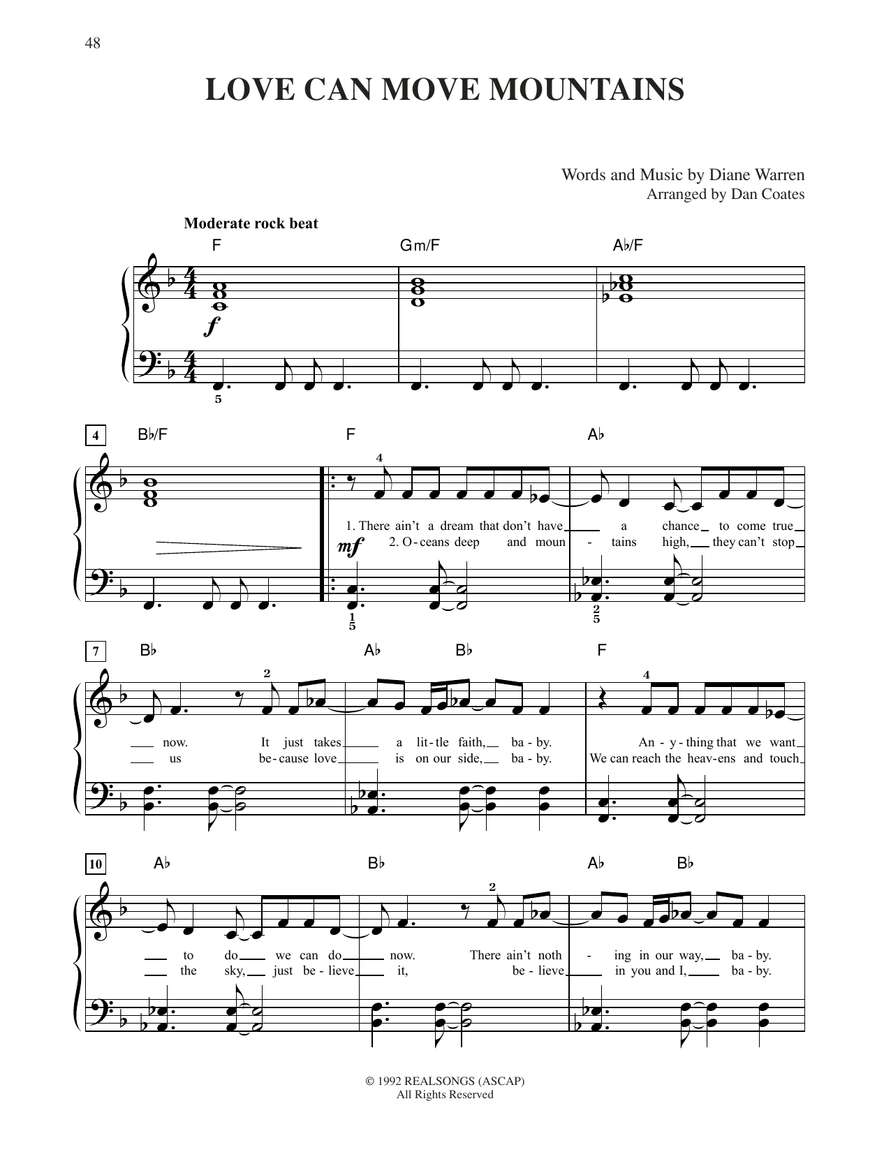Celine Dion Love Can Move Mountains Sheet Music Notes & Chords for Easy Piano - Download or Print PDF