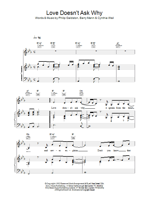 Celine Dion Love Doesn't Ask Why Sheet Music Notes & Chords for Keyboard - Download or Print PDF