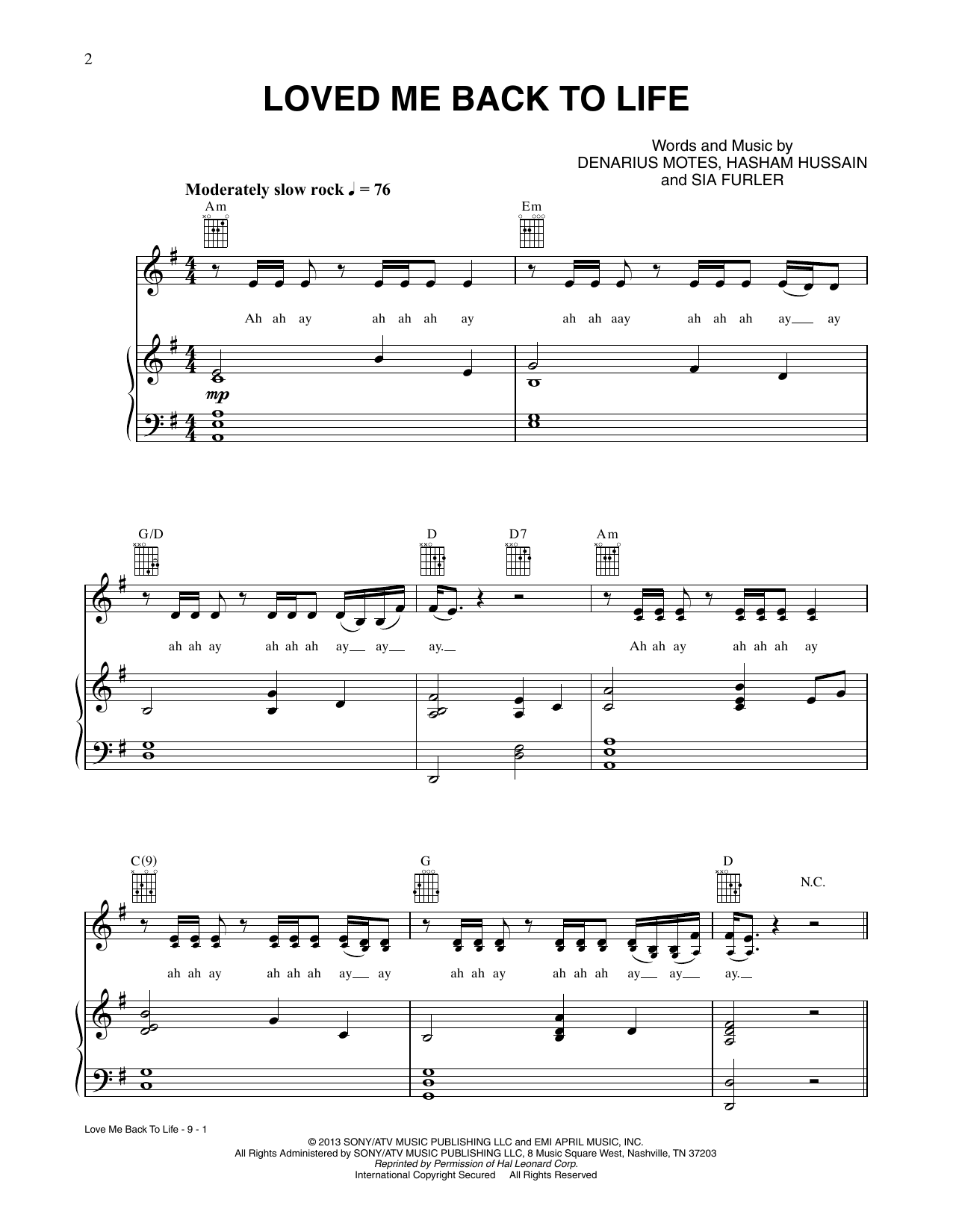 CÉLINE DION Loved Me Back To Life Sheet Music Notes & Chords for Piano, Vocal & Guitar Chords (Right-Hand Melody) - Download or Print PDF