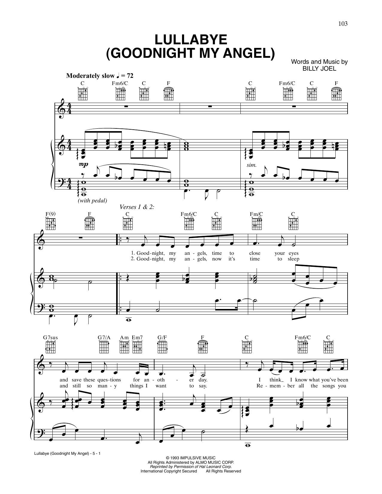 CÉLINE DION Lullabye (Goodnight, My Angel) Sheet Music Notes & Chords for Piano, Vocal & Guitar Chords (Right-Hand Melody) - Download or Print PDF