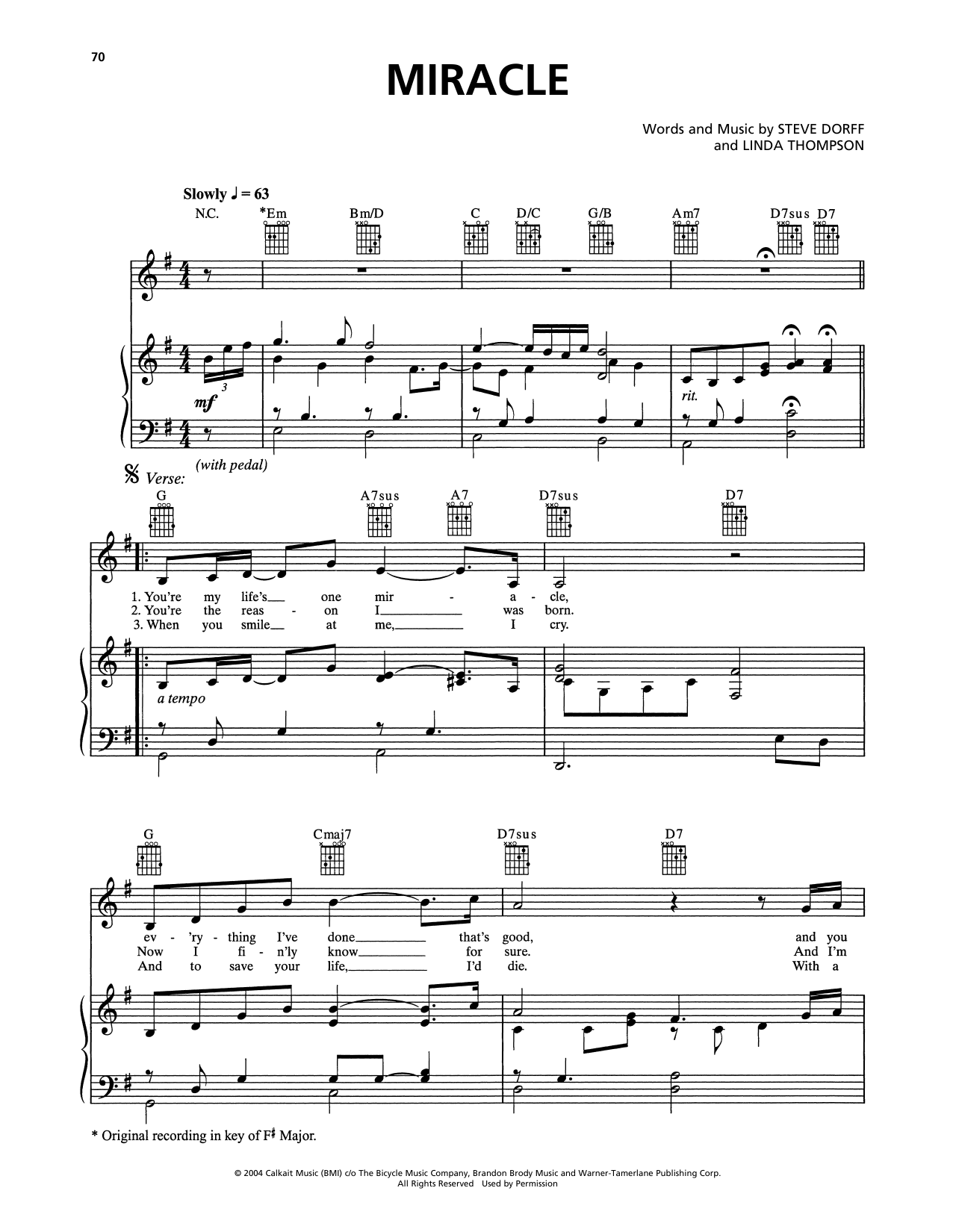 Celine Dion Miracle Sheet Music Notes & Chords for Piano, Vocal & Guitar Chords (Right-Hand Melody) - Download or Print PDF