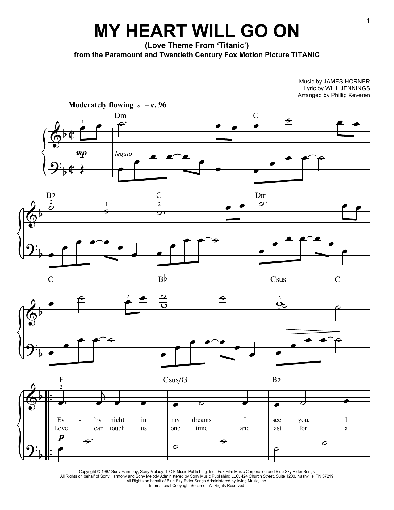 Celine Dion My Heart Will Go On (from Titanic) (arr. Phillip Keveren) Sheet Music Notes & Chords for Easy Piano - Download or Print PDF