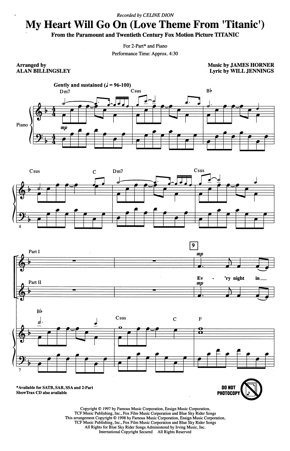 Celine Dion My Heart Will Go On (Love Theme From 'Titanic') (arr. Alan Billingsley) Sheet Music Notes & Chords for SAB Choir - Download or Print PDF