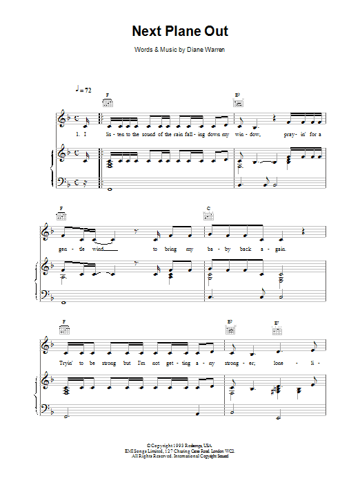 Celine Dion Next Plane Out Sheet Music Notes & Chords for Piano, Vocal & Guitar (Right-Hand Melody) - Download or Print PDF