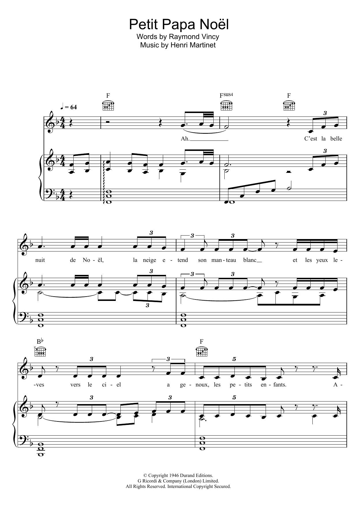 Celine Dion Petit Papa Noel Sheet Music Notes & Chords for Piano, Vocal & Guitar (Right-Hand Melody) - Download or Print PDF