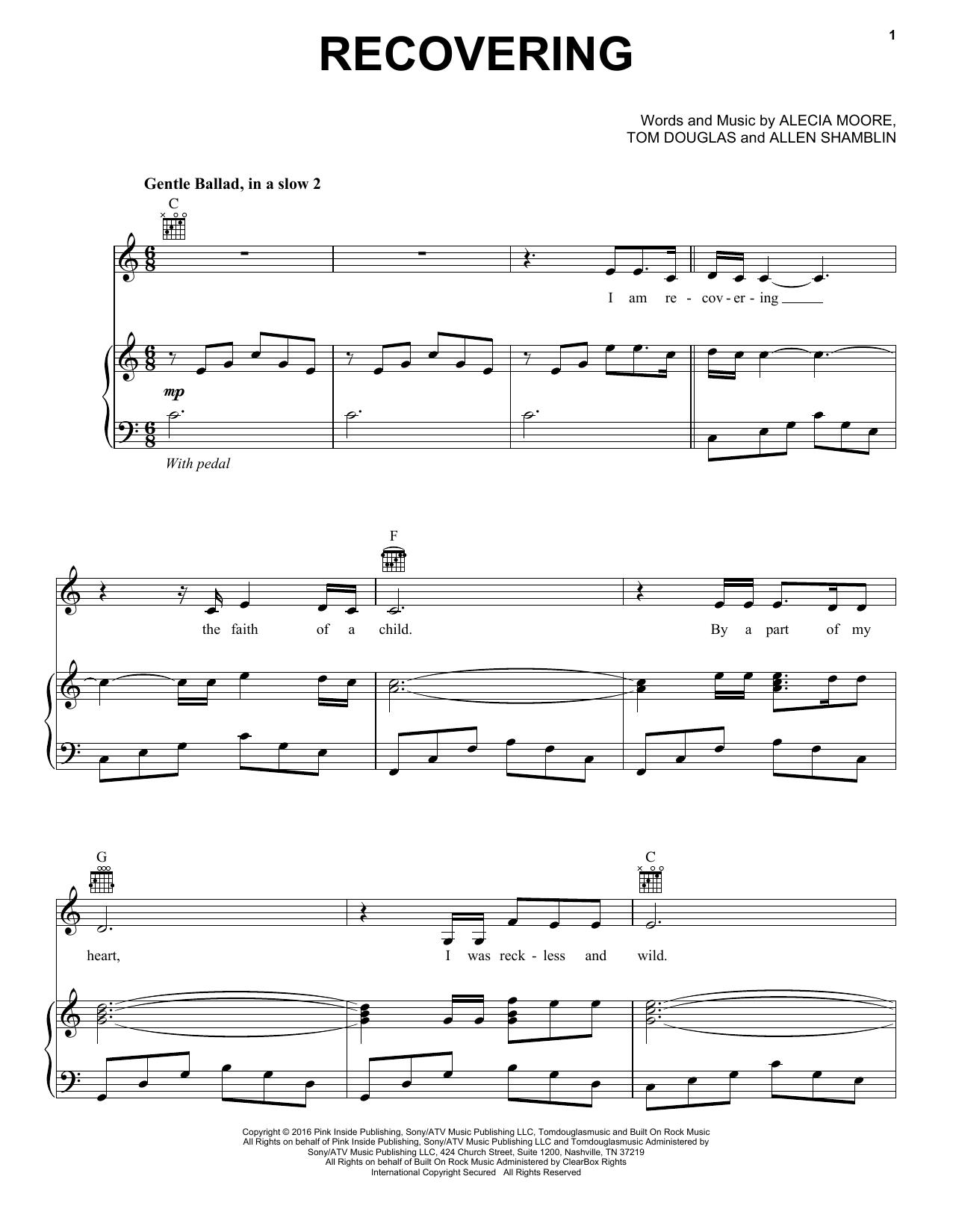 Celine Dion Recovering Sheet Music Notes & Chords for Piano, Vocal & Guitar (Right-Hand Melody) - Download or Print PDF