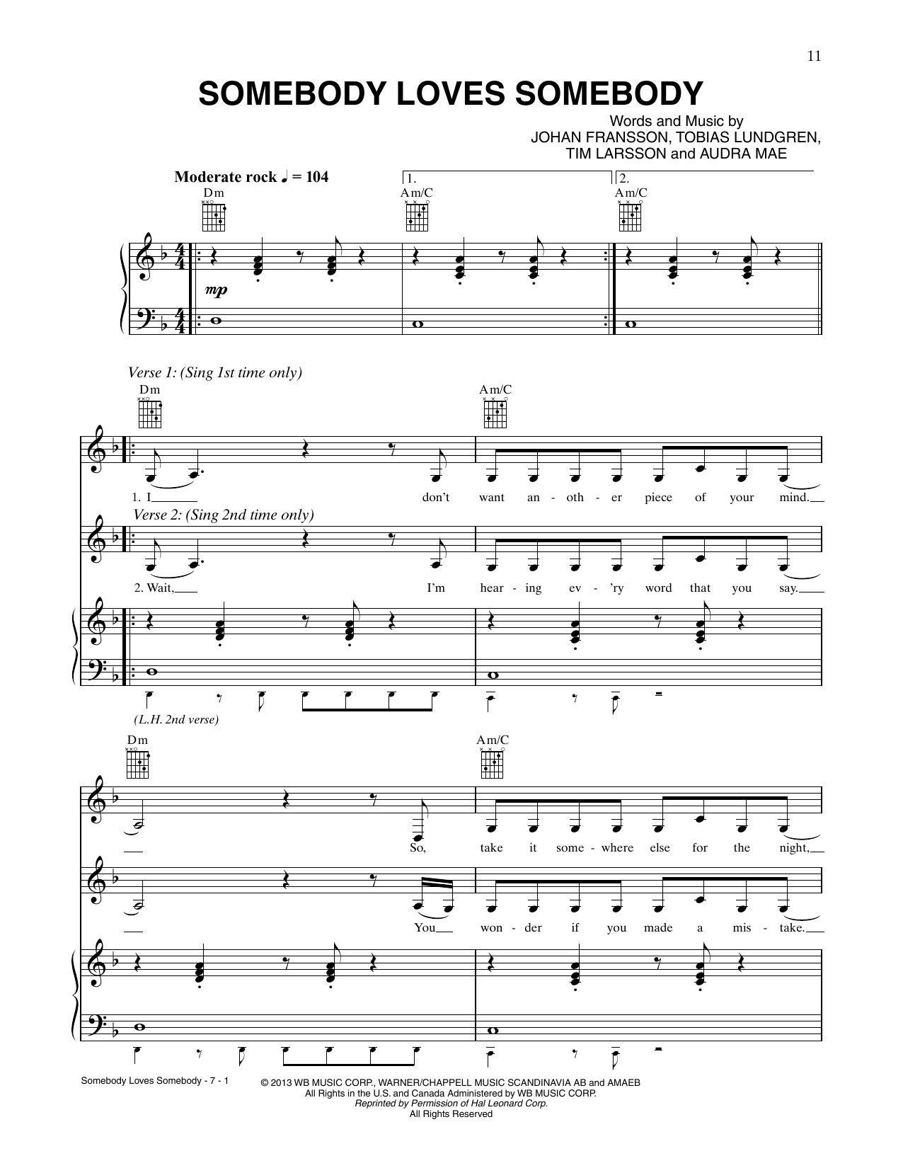 CÉLINE DION Somebody Loves Somebody Sheet Music Notes & Chords for Piano, Vocal & Guitar Chords (Right-Hand Melody) - Download or Print PDF