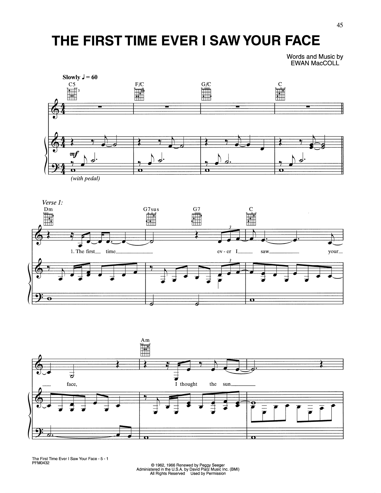Celine Dion The First Time Ever I Saw Your Face Sheet Music Notes & Chords for Piano, Vocal & Guitar Chords (Right-Hand Melody) - Download or Print PDF