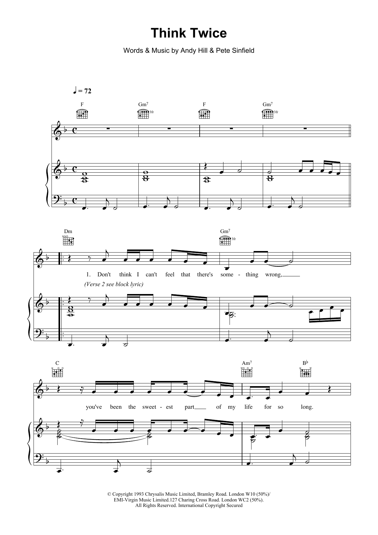 Celine Dion Think Twice Sheet Music Notes & Chords for Piano - Download or Print PDF