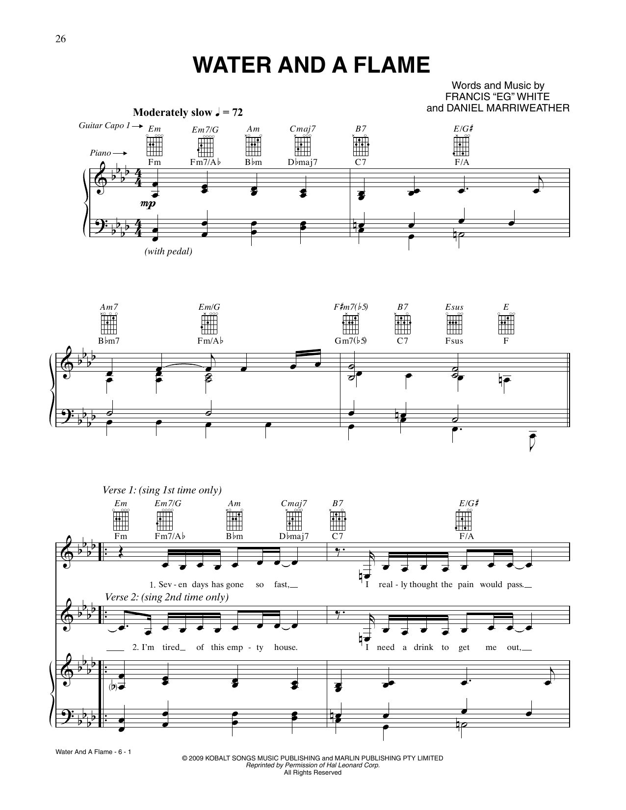 CÉLINE DION Water And A Flame Sheet Music Notes & Chords for Piano, Vocal & Guitar Chords (Right-Hand Melody) - Download or Print PDF