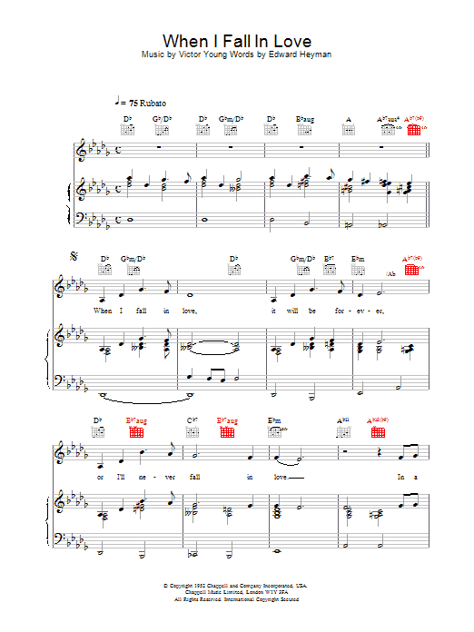 Celine Dion When I Fall In Love Sheet Music Notes & Chords for Piano, Vocal & Guitar (Right-Hand Melody) - Download or Print PDF