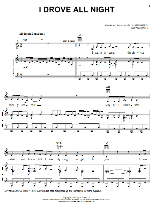 Preview Celine Dion I Drove All Night Pop sheet music, notes and chords for Piano, Vocal & Guitar, SKU: 23816 sheet music, piano notes, chords, guitar tabs, score, transpose, transcribe, how to play, guide, download, learn, tutorial, progression, song, artist, awards, billboard, mtv, vh1, tour, single, album, release