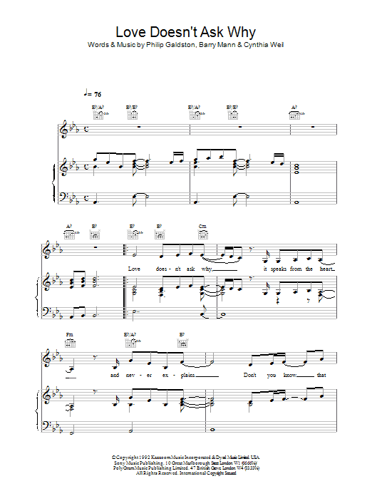 Preview Celine Dion Love Doesn't Ask Why Pop sheet music, notes and chords for Piano, Vocal & Guitar (Right-Hand Melody), SKU: 14509 Love Doesn't Ask Why sheet music