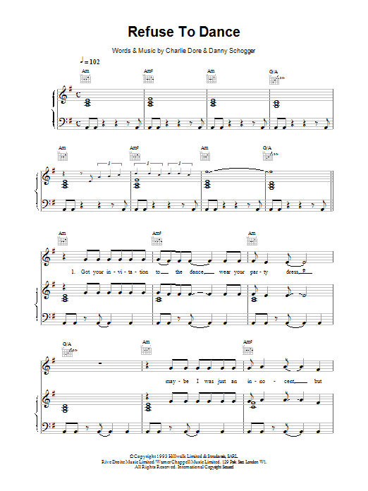Preview Celine Dion Refuse To Dance Pop sheet music, notes and chords for Piano, Vocal & Guitar (Right-Hand Melody), SKU: 14510 Refuse To Dance sheet music