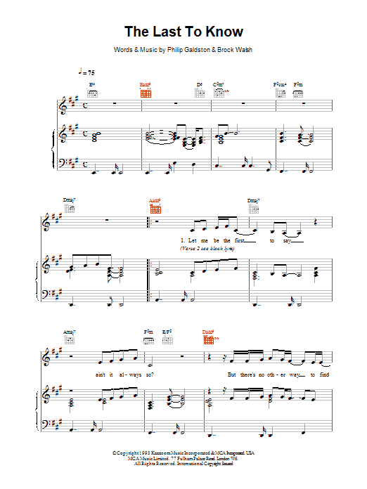 Preview Celine Dion The Last To Know Pop sheet music, notes and chords for Piano, Vocal & Guitar (Right-Hand Melody), SKU: 14572 The Last To Know sheet music