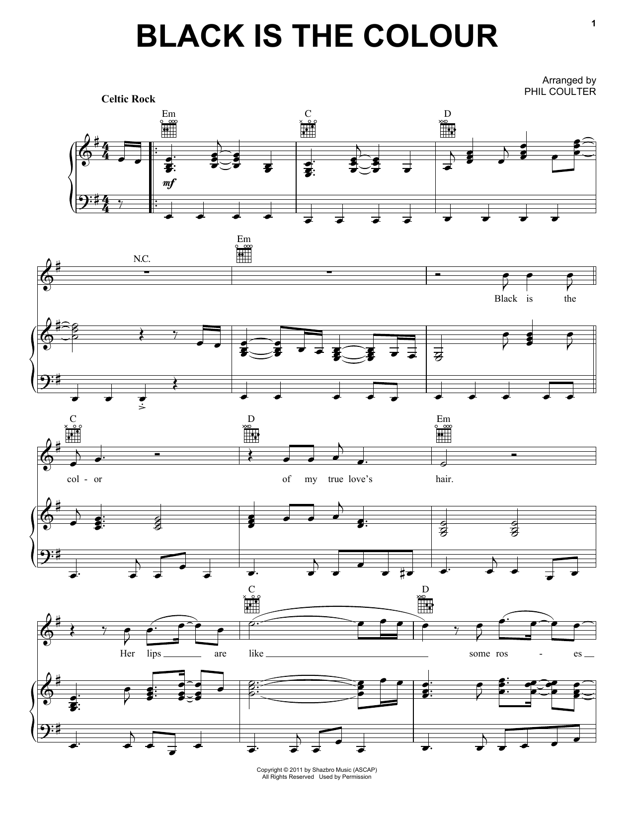 Celtic Thunder Black Is The Colour Sheet Music Notes & Chords for Piano, Vocal & Guitar (Right-Hand Melody) - Download or Print PDF