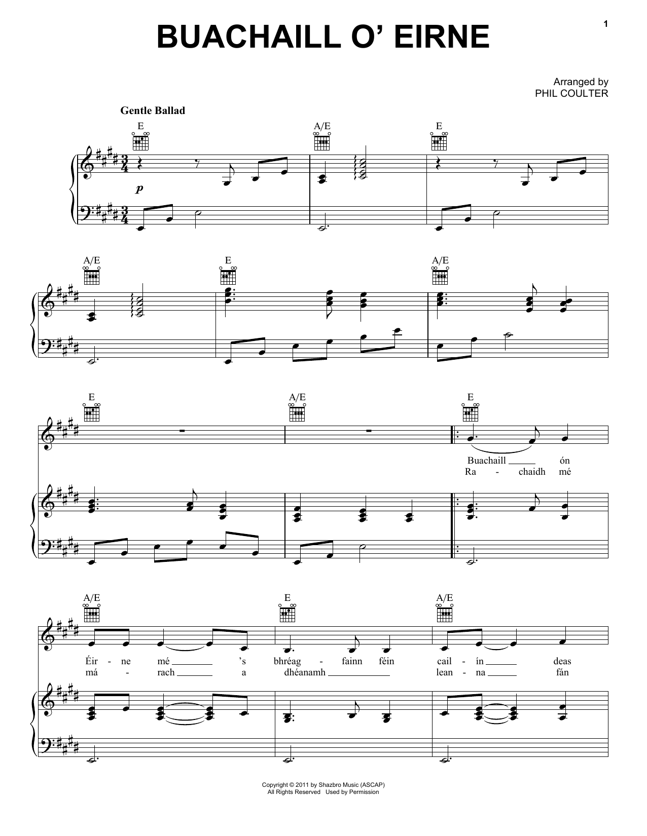 Celtic Thunder Buachaill O'Eirne Sheet Music Notes & Chords for Piano, Vocal & Guitar (Right-Hand Melody) - Download or Print PDF