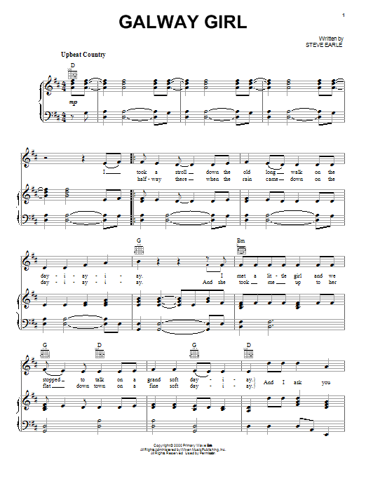 Celtic Thunder Galway Girl Sheet Music Notes & Chords for Piano, Vocal & Guitar (Right-Hand Melody) - Download or Print PDF