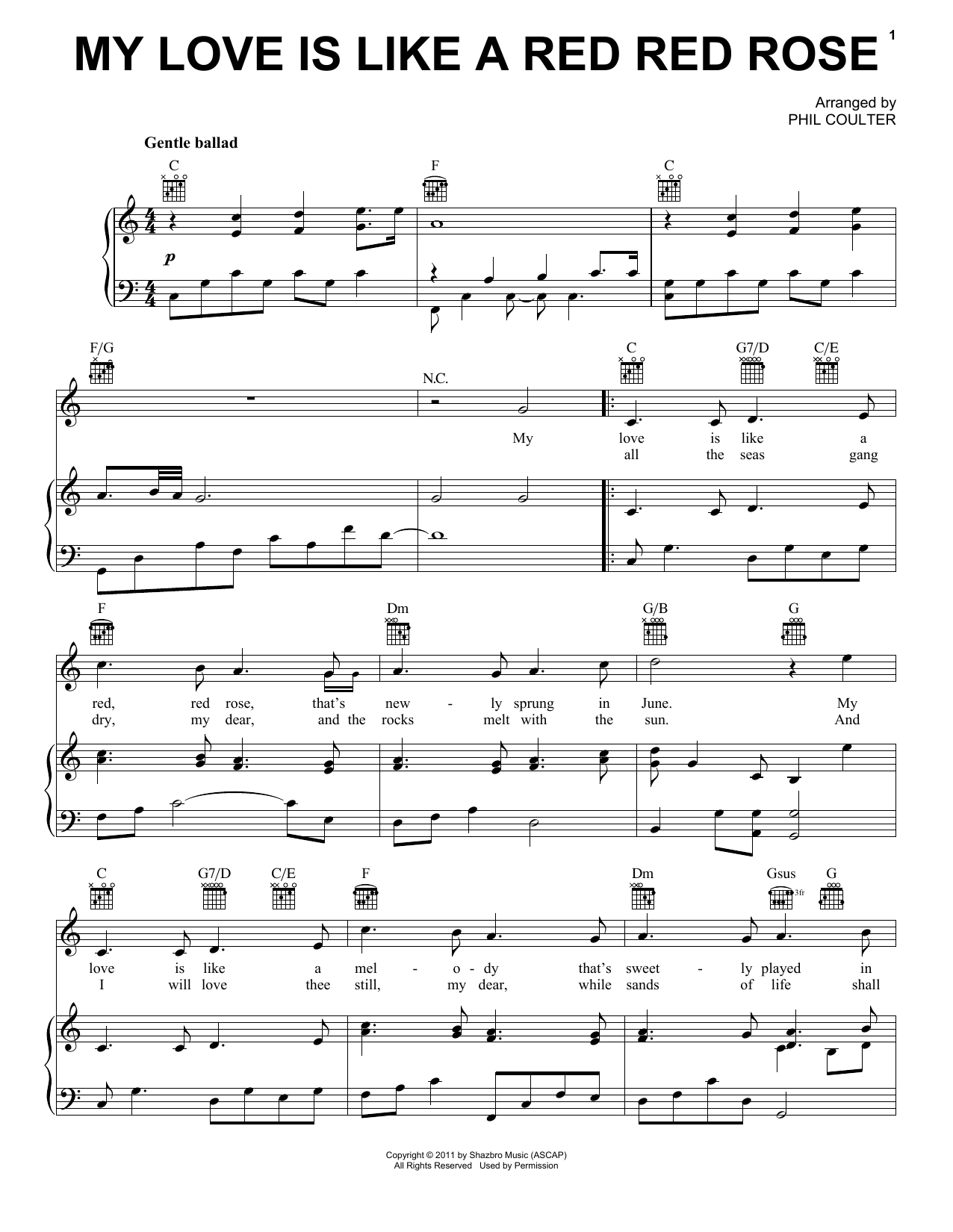 Celtic Thunder My Love Is Like A Red Red Rose Sheet Music Notes & Chords for Piano, Vocal & Guitar (Right-Hand Melody) - Download or Print PDF