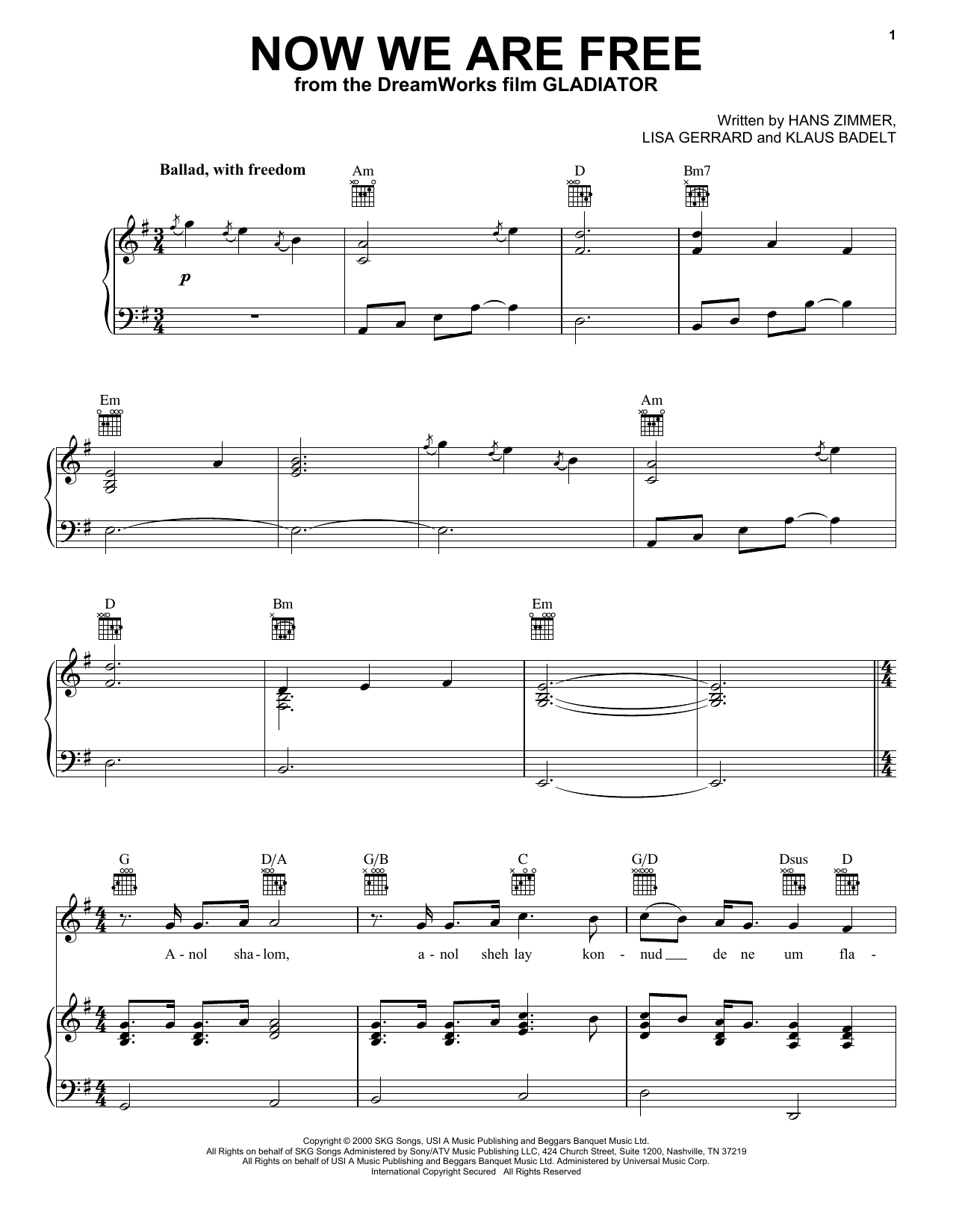Celtic Thunder Now We Are Free Sheet Music Notes & Chords for Piano, Vocal & Guitar (Right-Hand Melody) - Download or Print PDF
