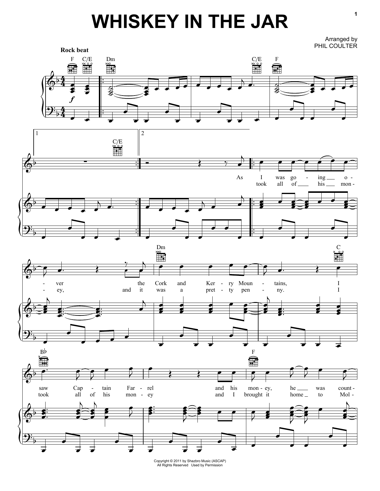 Celtic Thunder Whiskey In The Jar Sheet Music Notes & Chords for Piano, Vocal & Guitar (Right-Hand Melody) - Download or Print PDF
