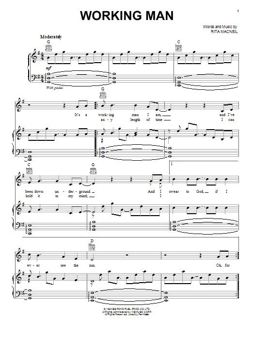 Celtic Thunder Working Man Sheet Music Notes & Chords for Piano, Vocal & Guitar (Right-Hand Melody) - Download or Print PDF