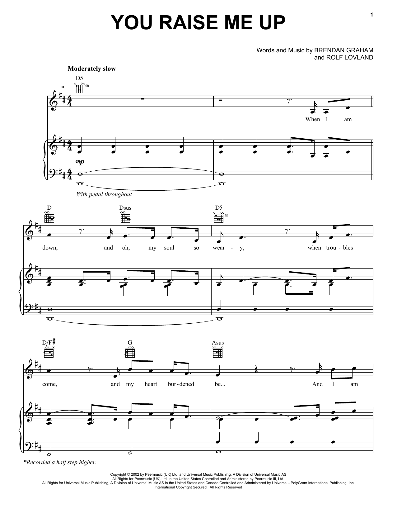 Celtic Thunder You Raise Me Up Sheet Music Notes & Chords for Piano, Vocal & Guitar (Right-Hand Melody) - Download or Print PDF