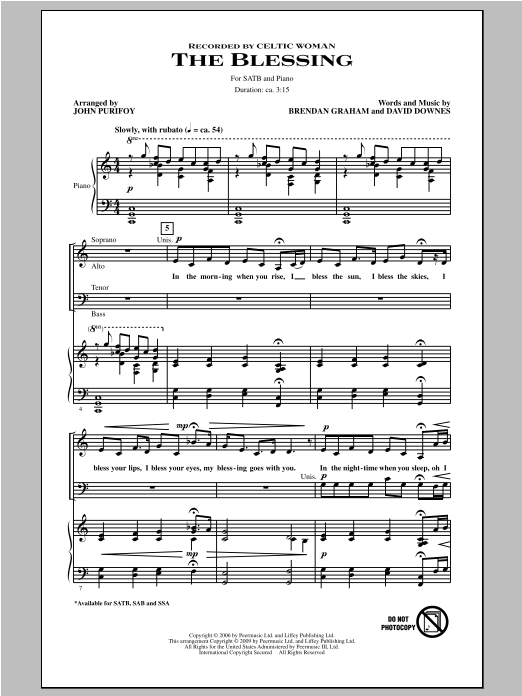 Celtic Woman The Blessing (arr. John Purifoy) Sheet Music Notes & Chords for SSA - Download or Print PDF