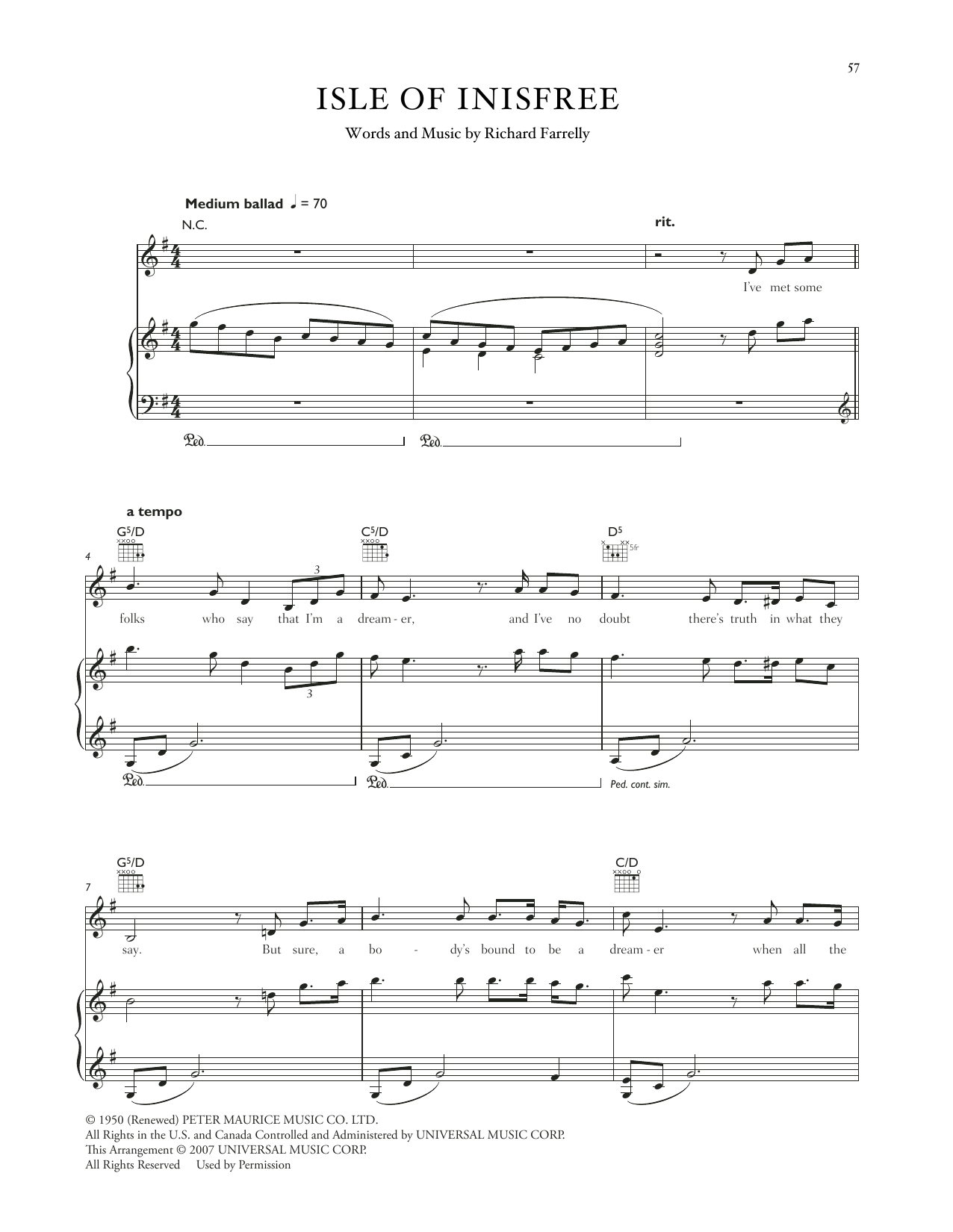 Celtic Woman The Isle Of Innisfree Sheet Music Notes & Chords for Piano, Vocal & Guitar Chords (Right-Hand Melody) - Download or Print PDF