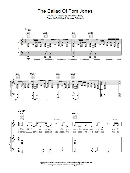 Cerys Matthews And Space The Ballad Of Tom Jones Sheet Music Notes & Chords for Piano, Vocal & Guitar - Download or Print PDF