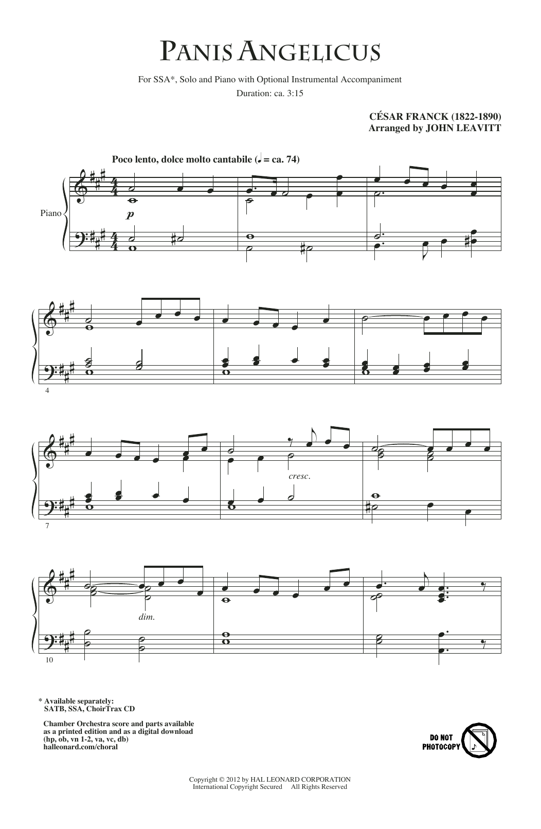 Cesar Franck Panis Angelicus (arr. John Leavitt) Sheet Music Notes & Chords for SSA Choir - Download or Print PDF